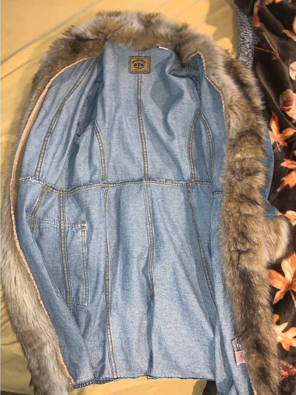 OTB Vintage Y2K Denim Penny Lane Trench Coat Faux Fur Trim Boho Afghan Jacket L - Picture 13 of 13